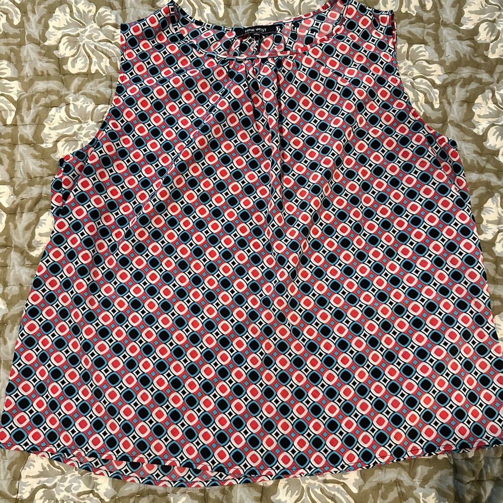 Nine West Pink, White and Blue Geometric Sleeveless Blouse